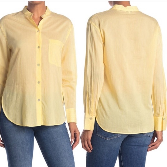 Vince Pinstripe Silk Blend Button Down Shirt In yellow with white stripes. NWOT. - Picture 1 of 14